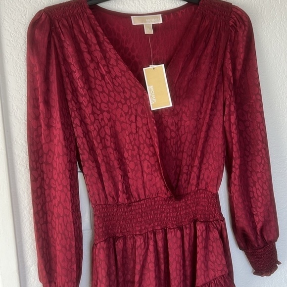 MICHAEL MICHAEL KORS Burgundy Smocked Textured Pull Over Animal Print Long Sleev - Picture 5 of 12